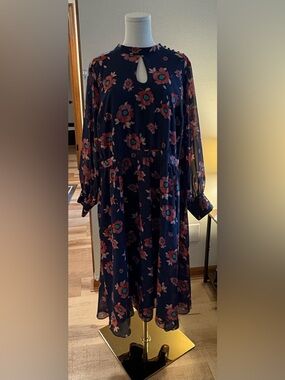 ModCloth Dress Womens Floral midi keyhole at chest long Sleeve Boho plus size